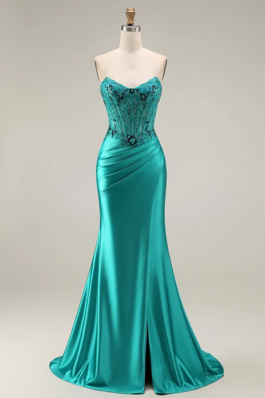 Peacock Satin Corset Mermaid Sweetheart Ruched Beaded Appliqued Long Prom Dress with Slit made by Zapaka