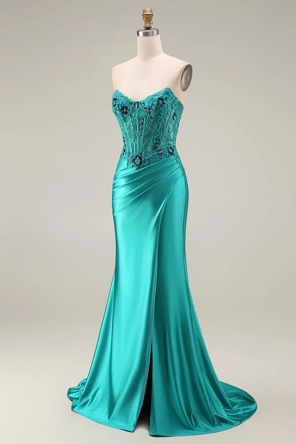 Peacock Satin Corset Mermaid Sweetheart Ruched Beaded Appliqued Long Prom Dress with Slit sold by Zapaka product image thumbnail 3