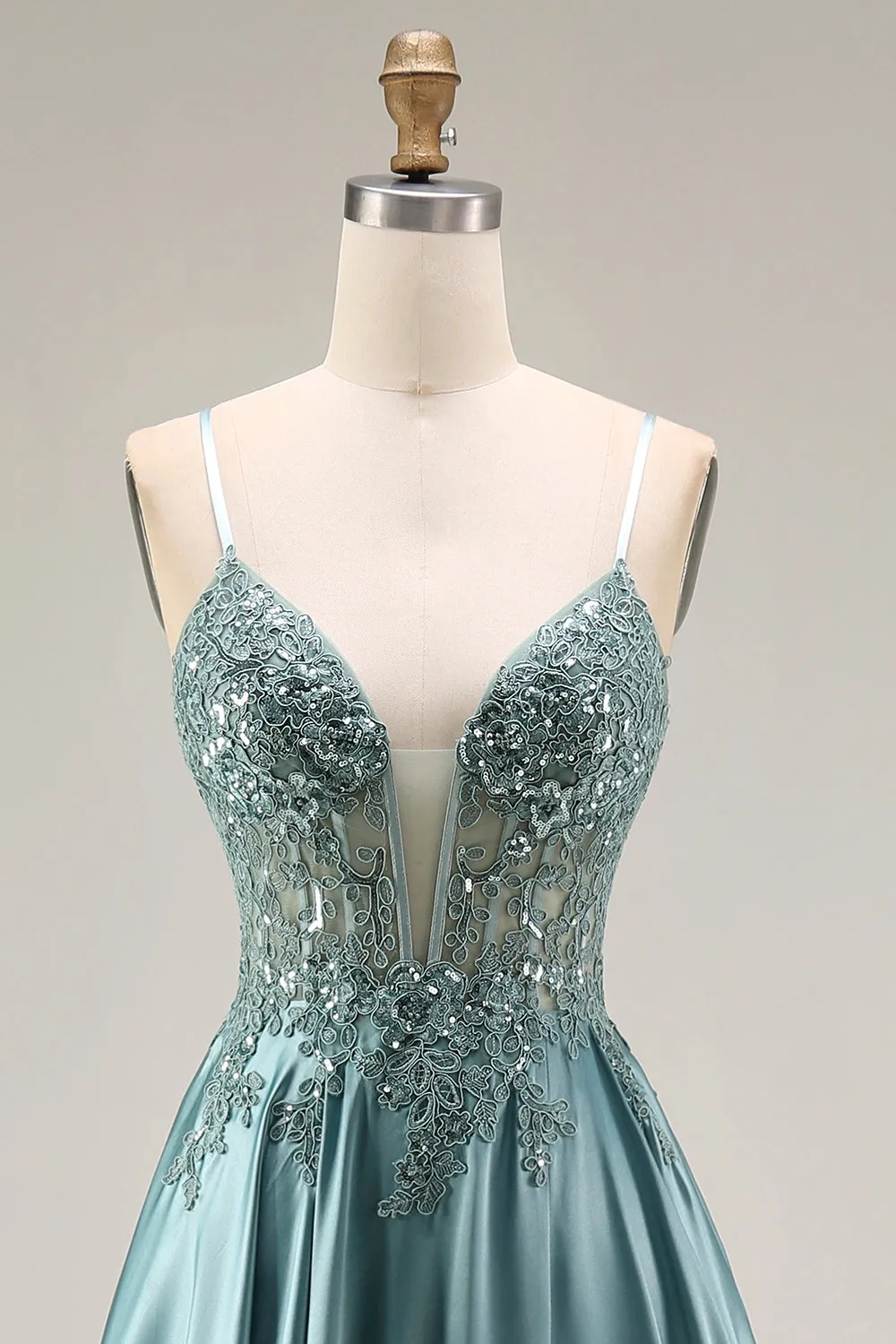 Agave Satin Corset A-Line Beaded Appliqued Long Prom Dress with Slit sold by Zapaka product image thumbnail 4