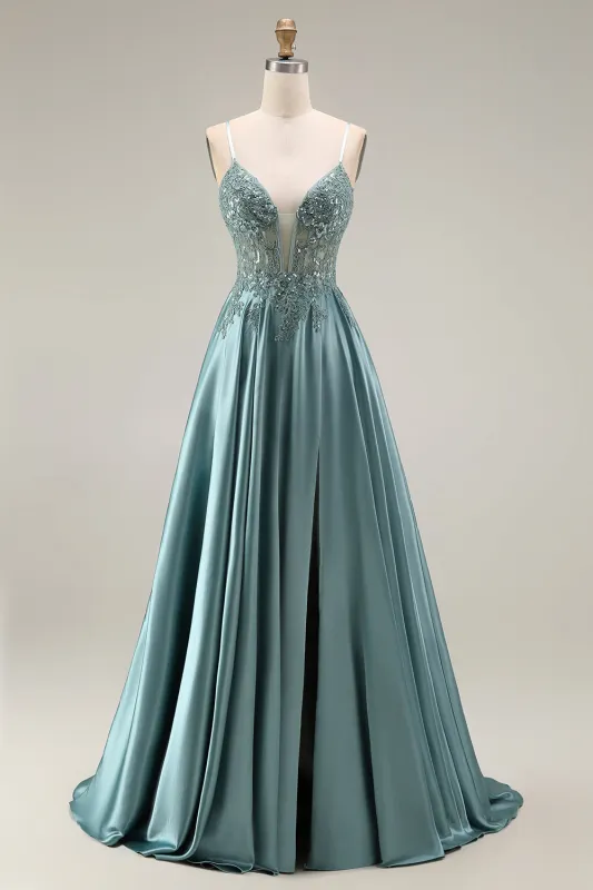 Agave Satin Corset A-Line Beaded Appliqued Long Prom Dress with Slit made by Zapaka