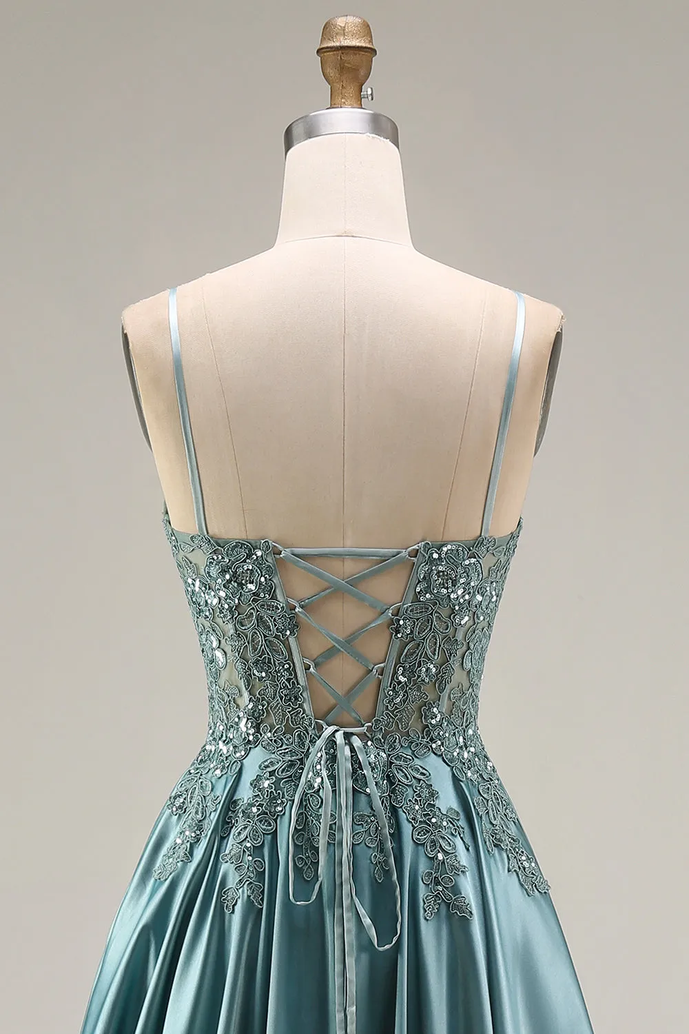 Agave Satin Corset A-Line Beaded Appliqued Long Prom Dress with Slit sold by Zapaka product image thumbnail 5