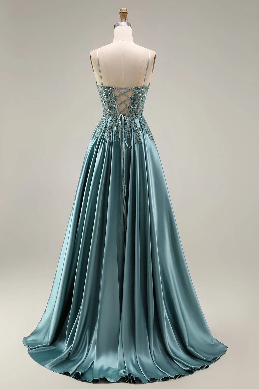 Agave Satin Corset A-Line Beaded Appliqued Long Prom Dress with Slit sold by Zapaka product image thumbnail 2