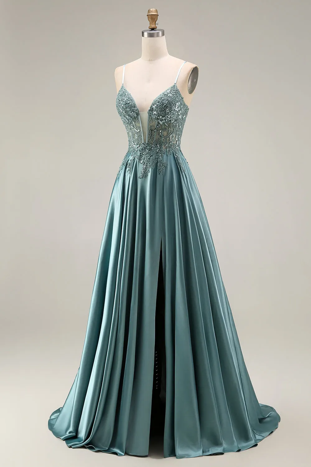 Agave Satin Corset A-Line Beaded Appliqued Long Prom Dress with Slit sold by Zapaka product image thumbnail 3