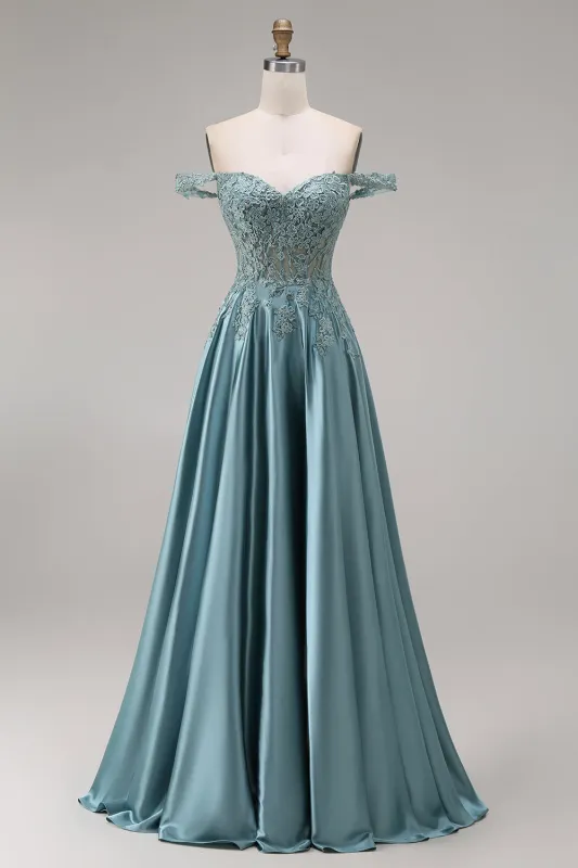Agave Satin Off the Shoulder Corset A-Line Beaded Appliqued Long Prom Dress made by Zapaka