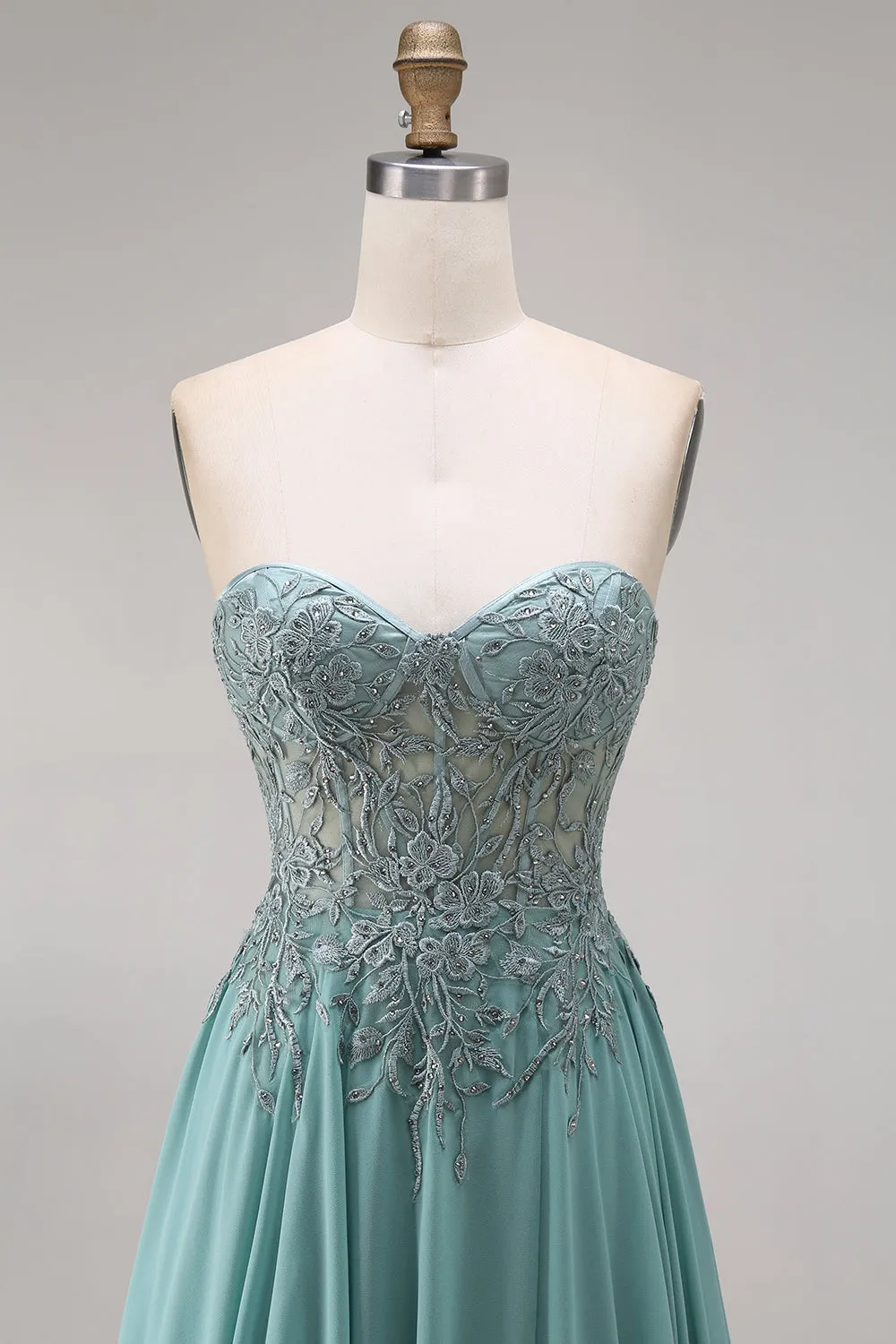 Chiffon Eucalyptus Sweetheart Corset A-Line Beaded Appliqued Long Prom Dress with Slit sold by Zapaka product image thumbnail 4