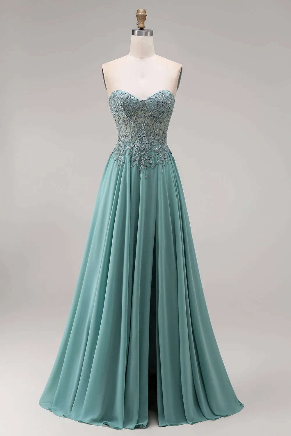 Chiffon Eucalyptus Sweetheart Corset A-Line Beaded Appliqued Long Prom Dress with Slit sold by Zapaka