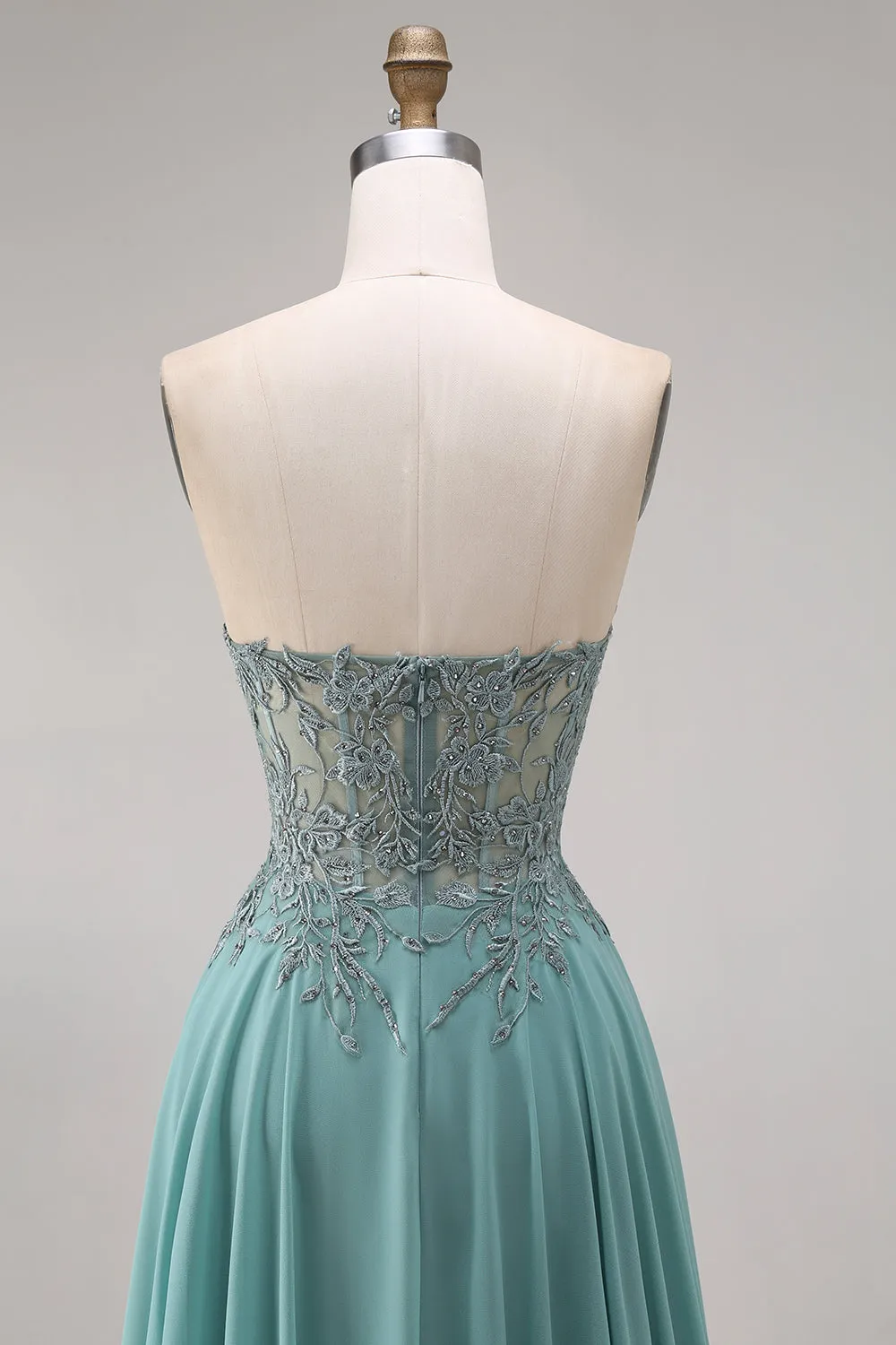 Chiffon Eucalyptus Sweetheart Corset A-Line Beaded Appliqued Long Prom Dress with Slit sold by Zapaka product image thumbnail 5