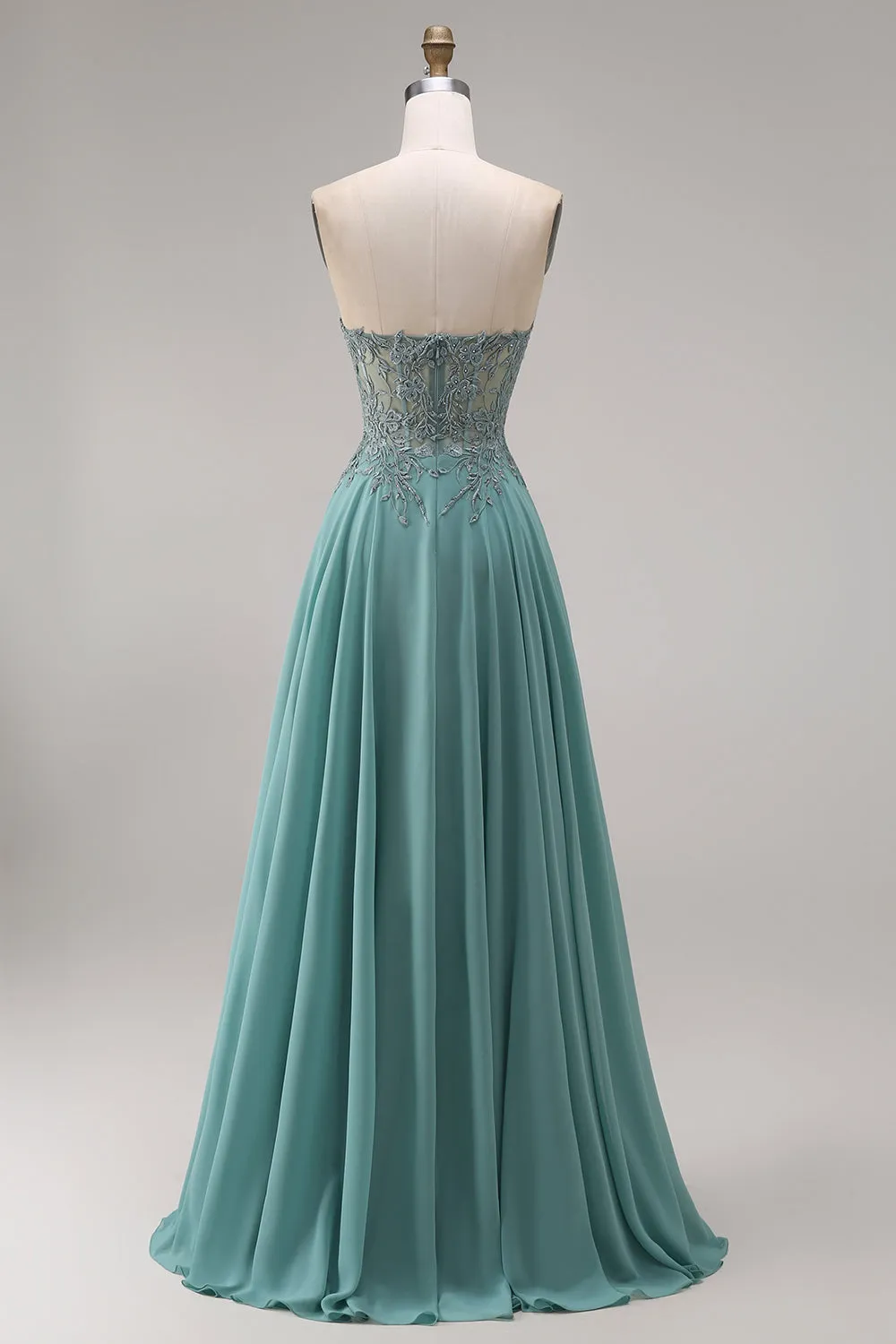 Chiffon Eucalyptus Sweetheart Corset A-Line Beaded Appliqued Long Prom Dress with Slit sold by Zapaka product image thumbnail 2