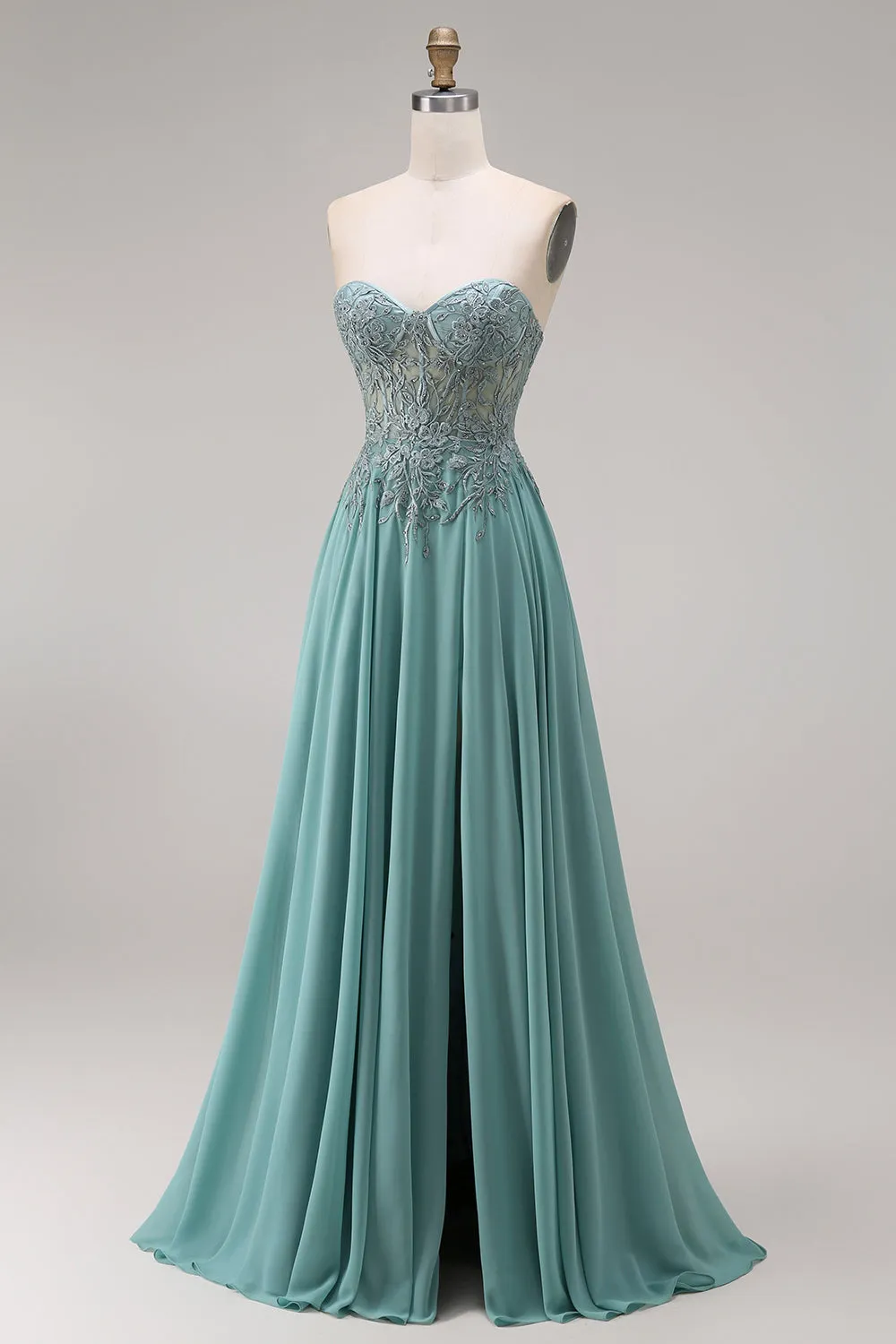 Chiffon Eucalyptus Sweetheart Corset A-Line Beaded Appliqued Long Prom Dress with Slit sold by Zapaka product image thumbnail 3