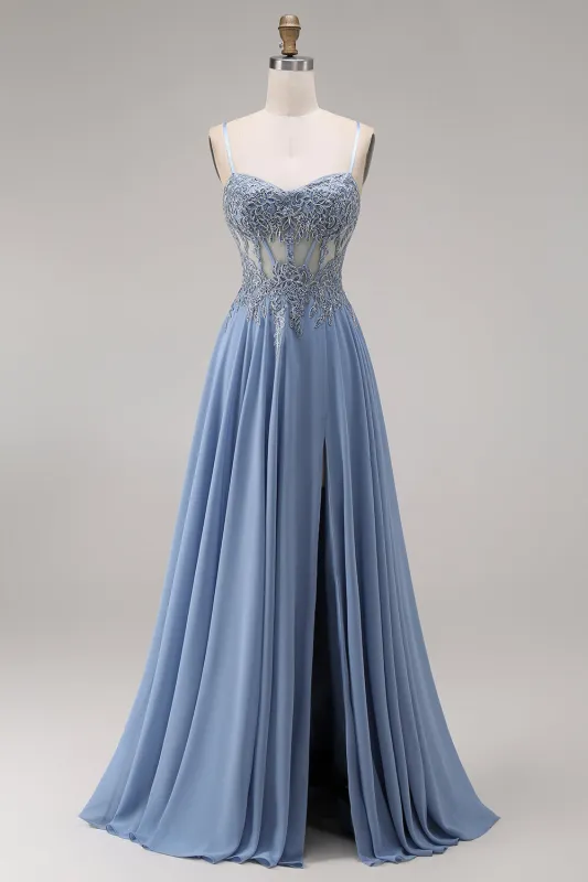 Steel Blue Chiffon Corset A-Line Beaded Appliqued Long Prom Dress with Slit made by Zapaka