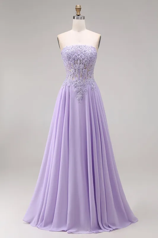 Tulle Lilac Strapless Corset A-Line Appliqued Long Prom Dress made by Zapaka
