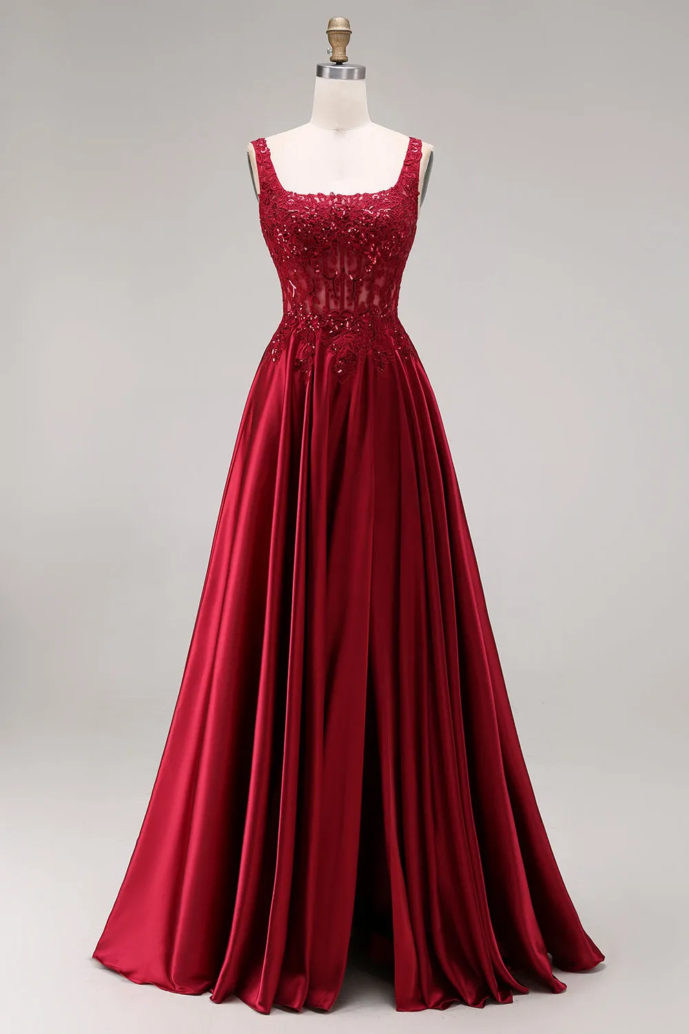 Sparkly Burgundy Velvet Corset A-Line Square Neck Long Prom Dress with Beading sold by Zapaka