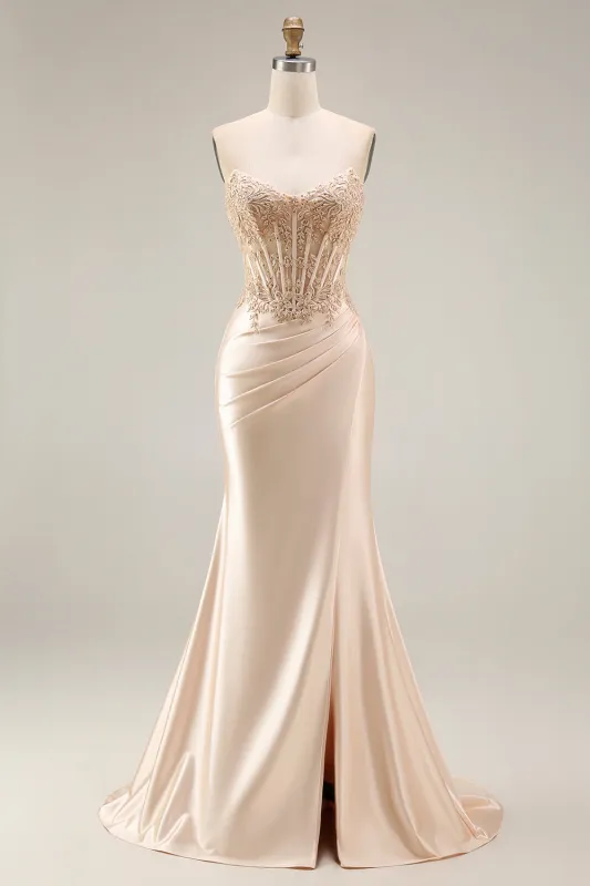 Champagne Satin Corset Mermaid Appliqued Ruched Long Prom Dress with Slit made by Zapaka