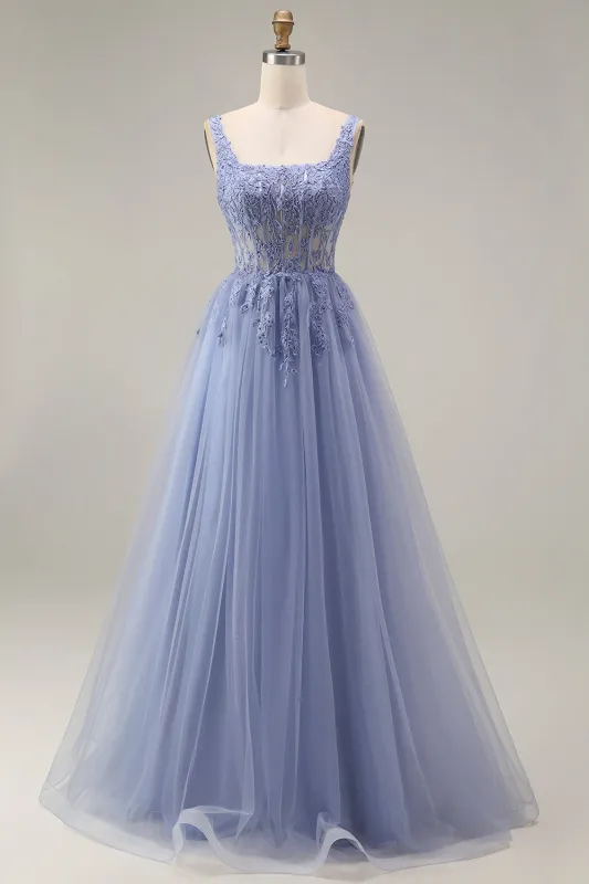Tulle Dusty Lavender Corset A-Line Square Neck Appliqued Long Prom Dress made by Zapaka