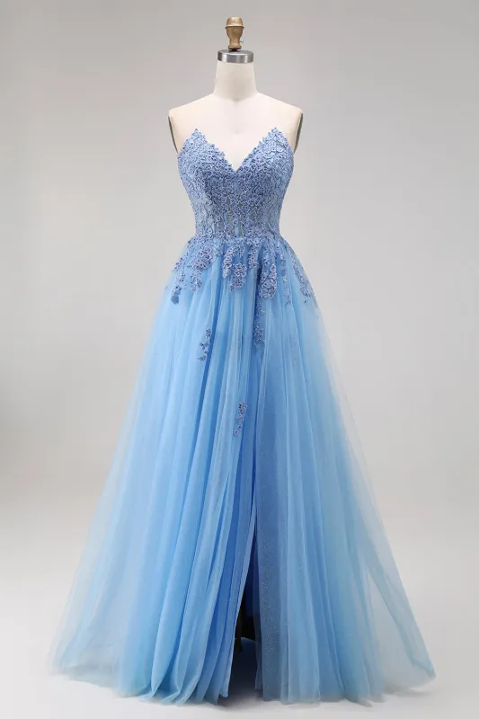 Blue Tulle Corset A-Line Sweetheart Appliqued Long Prom Dress with Slit made by Zapaka