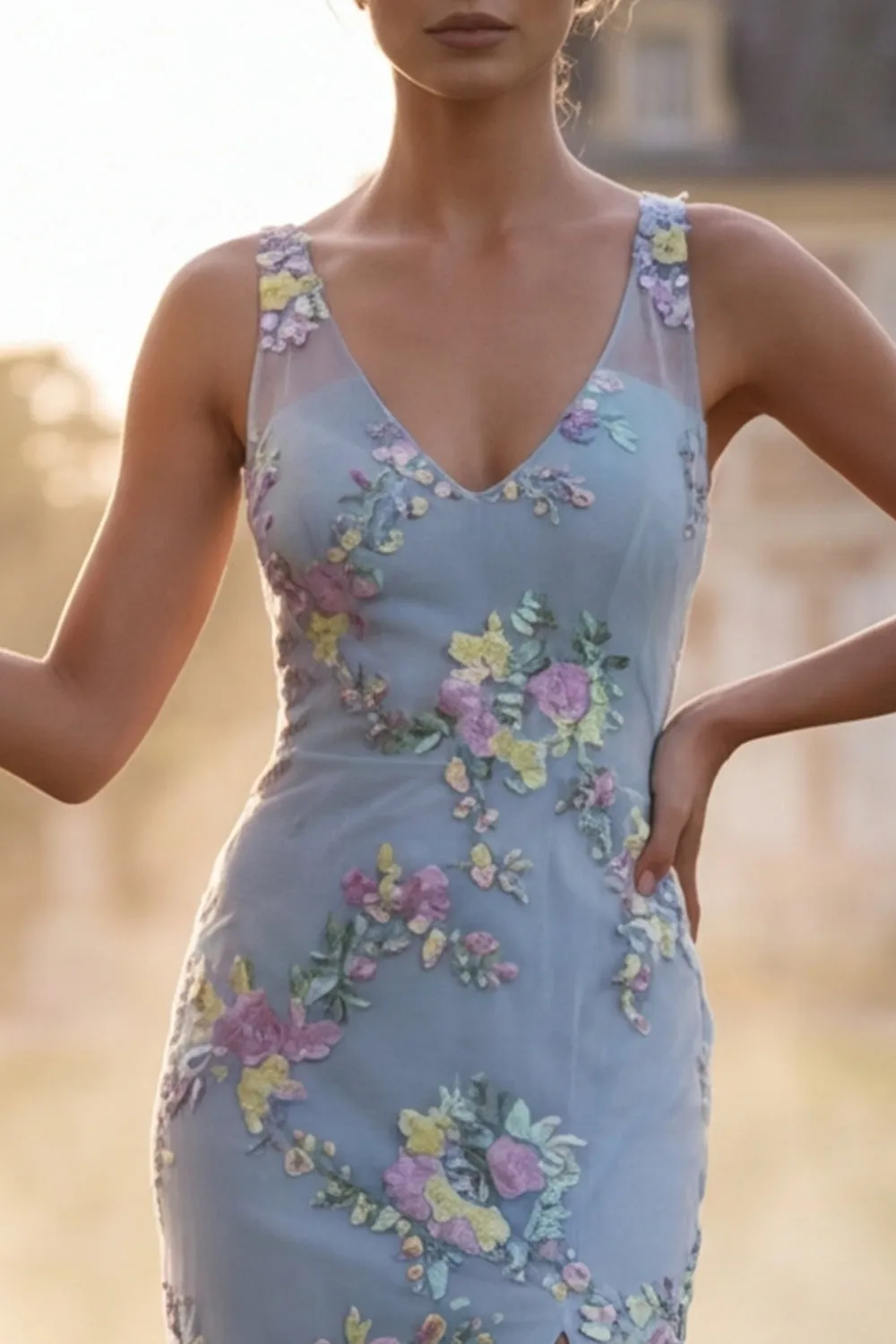 Light Blue Sheath V-Neck Floral Embroidered Long Prom Dress with Slit sold by Zapaka product image thumbnail 3