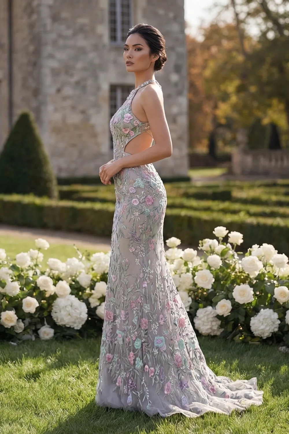 Silver Flower Tulle Mermaid Halter Neck Long Prom Dress with 3D Flower sold by Zapaka product image thumbnail 3