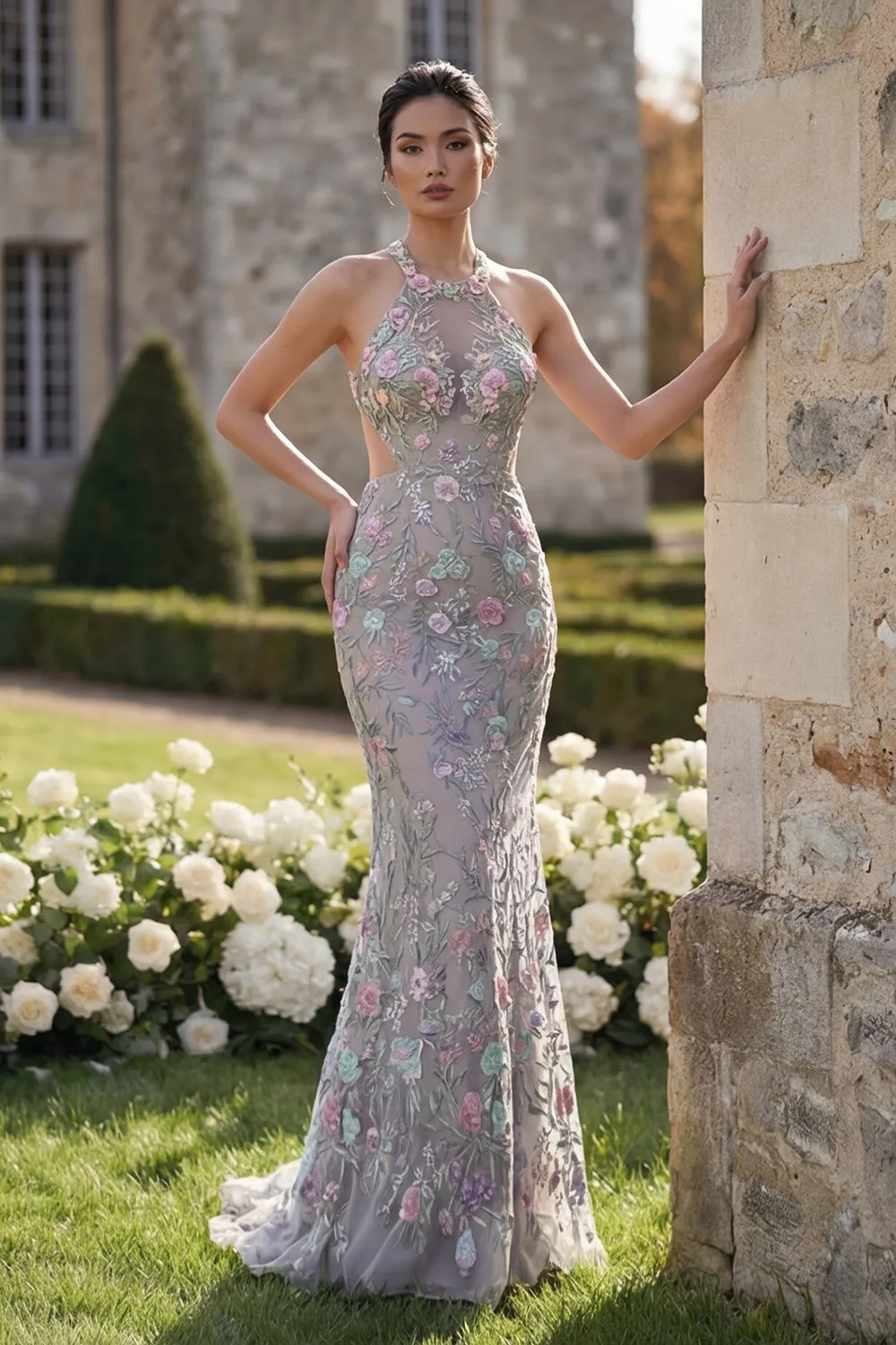 Silver Flower Tulle Mermaid Halter Neck Long Prom Dress with 3D Flower sold by Zapaka