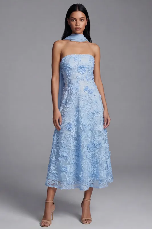Blue Strapless A-Line Appliqued Floral Midi Wedding Guest Dress with Neck Scarf made by Zapaka