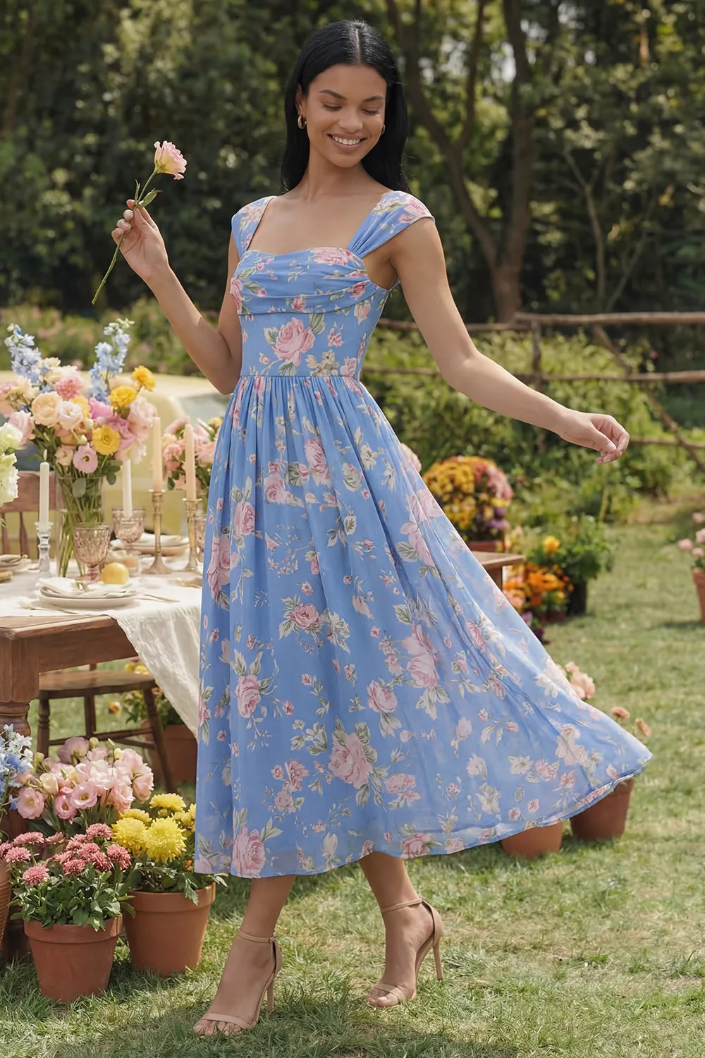 Square Neck Sheath Chiffon Blue Ruched Floral Printed Midi Wedding Guest Dress sold by Zapaka product image thumbnail 2