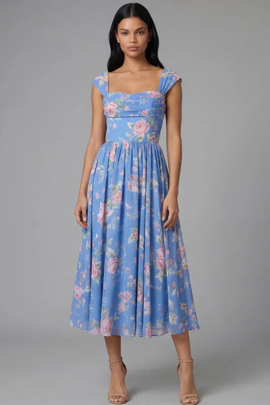 Square Neck Sheath Chiffon Blue Ruched Floral Printed Midi Wedding Guest Dress made by Zapaka