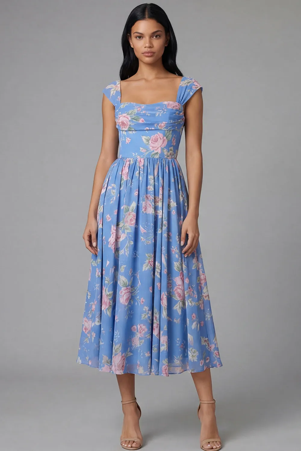 Square Neck Sheath Chiffon Blue Ruched Floral Printed Midi Wedding Guest Dress sold by Zapaka