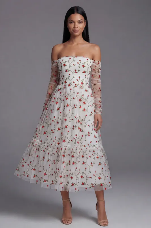 Ivory Red Flower A-Line Strapless Midi Wedding Guest Dress with Sheer Sleeves made by Zapaka