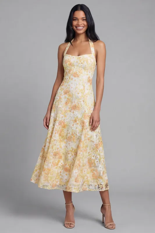 Lace Yellow Halter Neck Sheath Midi Floral with Bow made by Zapaka