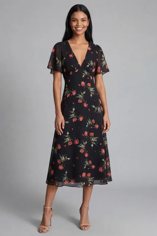 Chiffon A-Line Black Red Flower V-Neck Midi Wedding Guest Dress with Short Sleeves made by Zapaka