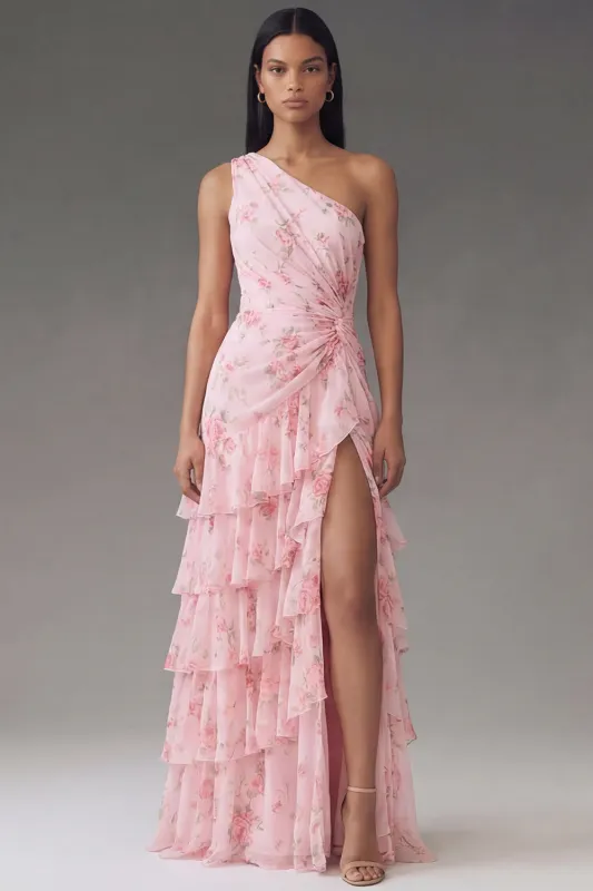 Chiffon One Shoulder Pink Ruched Tiered Floral Printed Long Wedding Guest Dress with Slit made by Zapaka