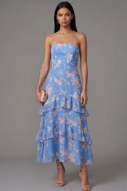 Chiffon Blue Sheath Strapless Tiered Floral Printed Long Wedding Guest Dress made by Zapaka