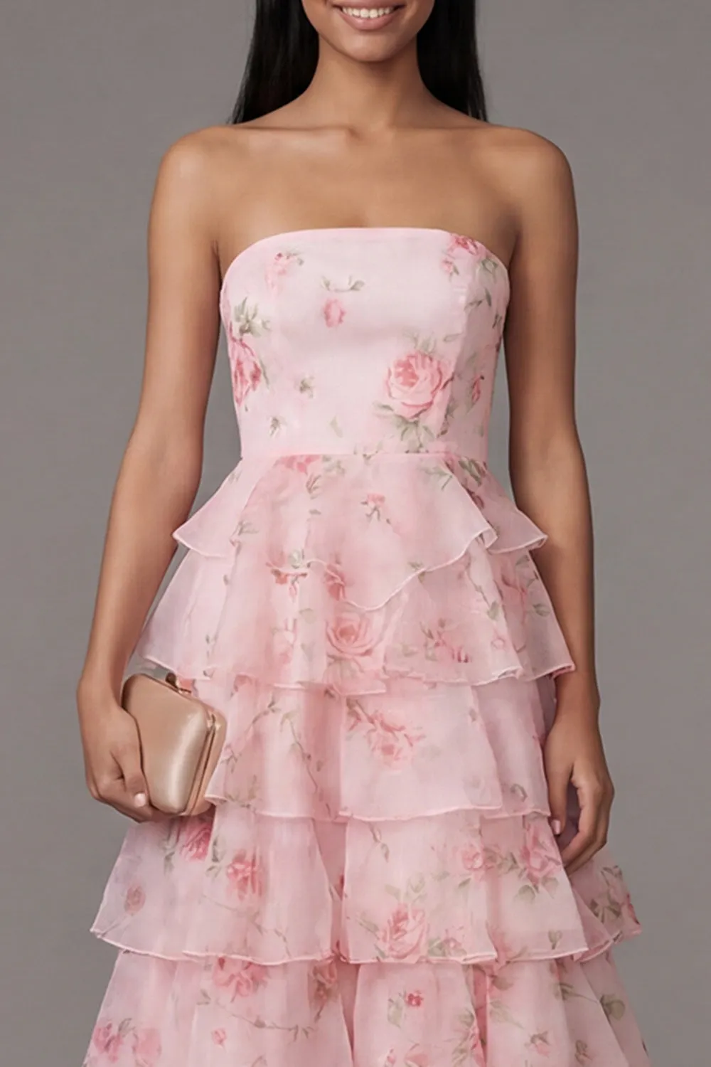 Petal Perfection Blush Pink Rose Print Tiered Ruffle Strapless Midi Dress sold by Zapaka product image thumbnail 4
