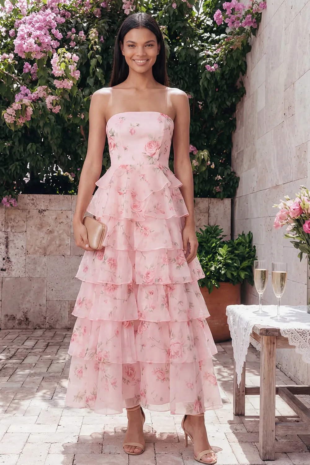 Petal Perfection Blush Pink Rose Print Tiered Ruffle Strapless Midi Dress sold by Zapaka product image thumbnail 2
