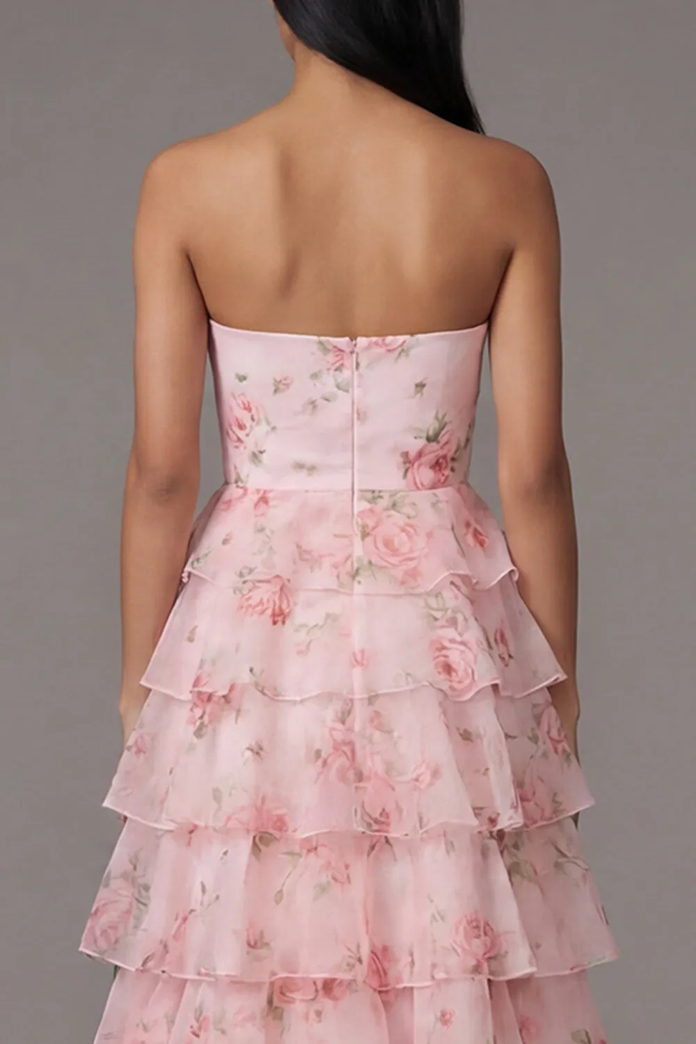 Petal Perfection Blush Pink Rose Print Tiered Ruffle Strapless Midi Dress sold by Zapaka product image thumbnail 5