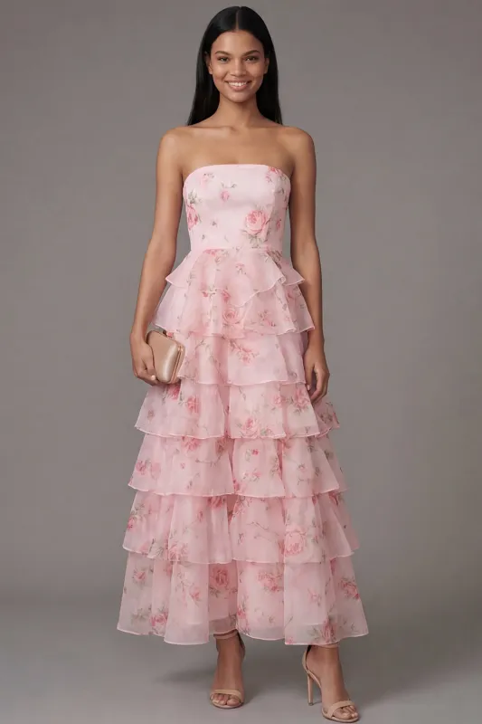 Petal Perfection Blush Pink Rose Print Tiered Ruffle Strapless Midi Dress made by Zapaka
