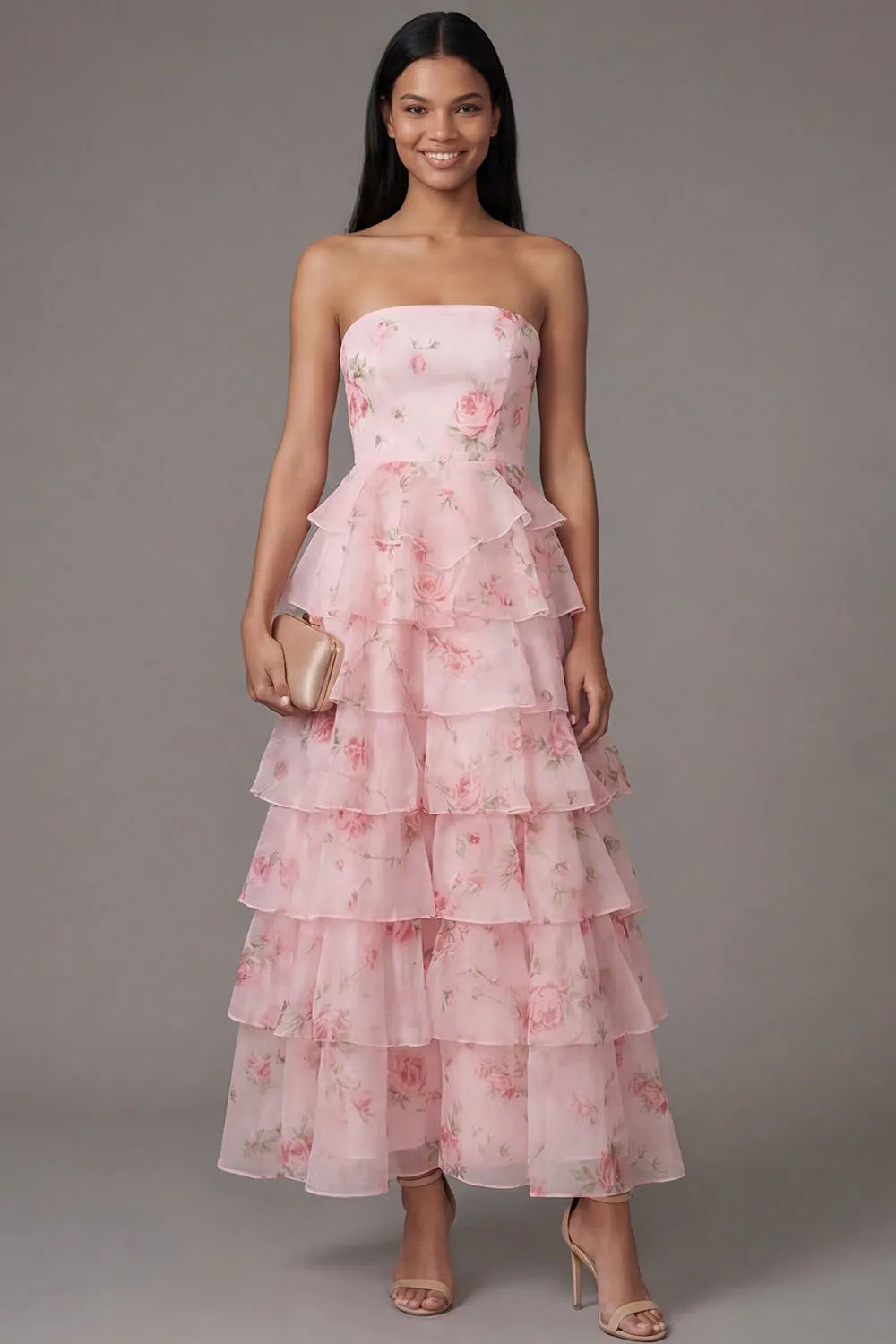 Petal Perfection Blush Pink Rose Print Tiered Ruffle Strapless Midi Dress sold by Zapaka
