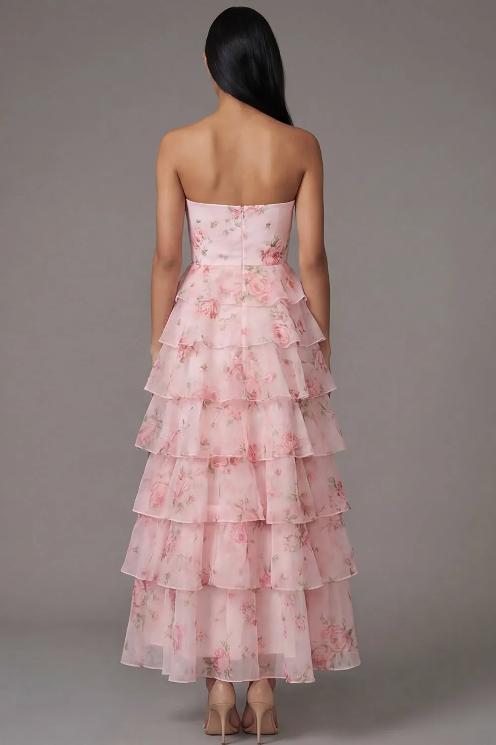 Petal Perfection Blush Pink Rose Print Tiered Ruffle Strapless Midi Dress sold by Zapaka product image thumbnail 3