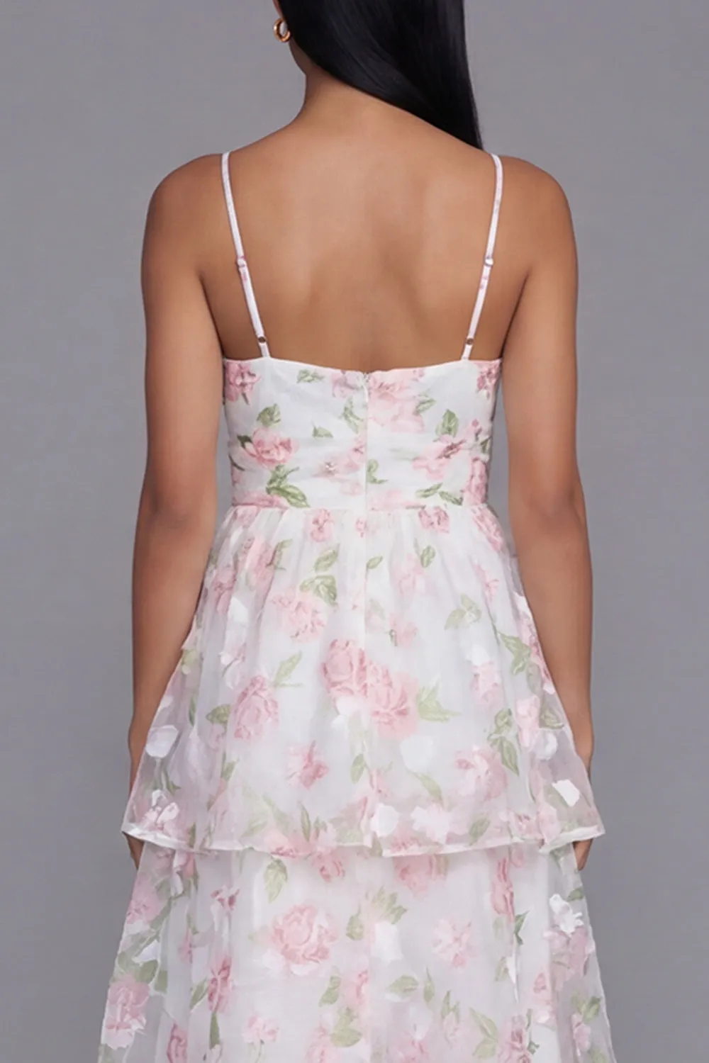 White Pink Flower Tiered A-Line Spaghetti Straps Long Floral Dress sold by Zapaka product image thumbnail 5