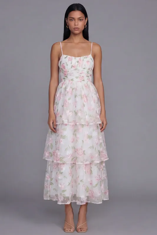 White Pink Flower Tiered A-Line Spaghetti Straps Long Floral Dress made by Zapaka