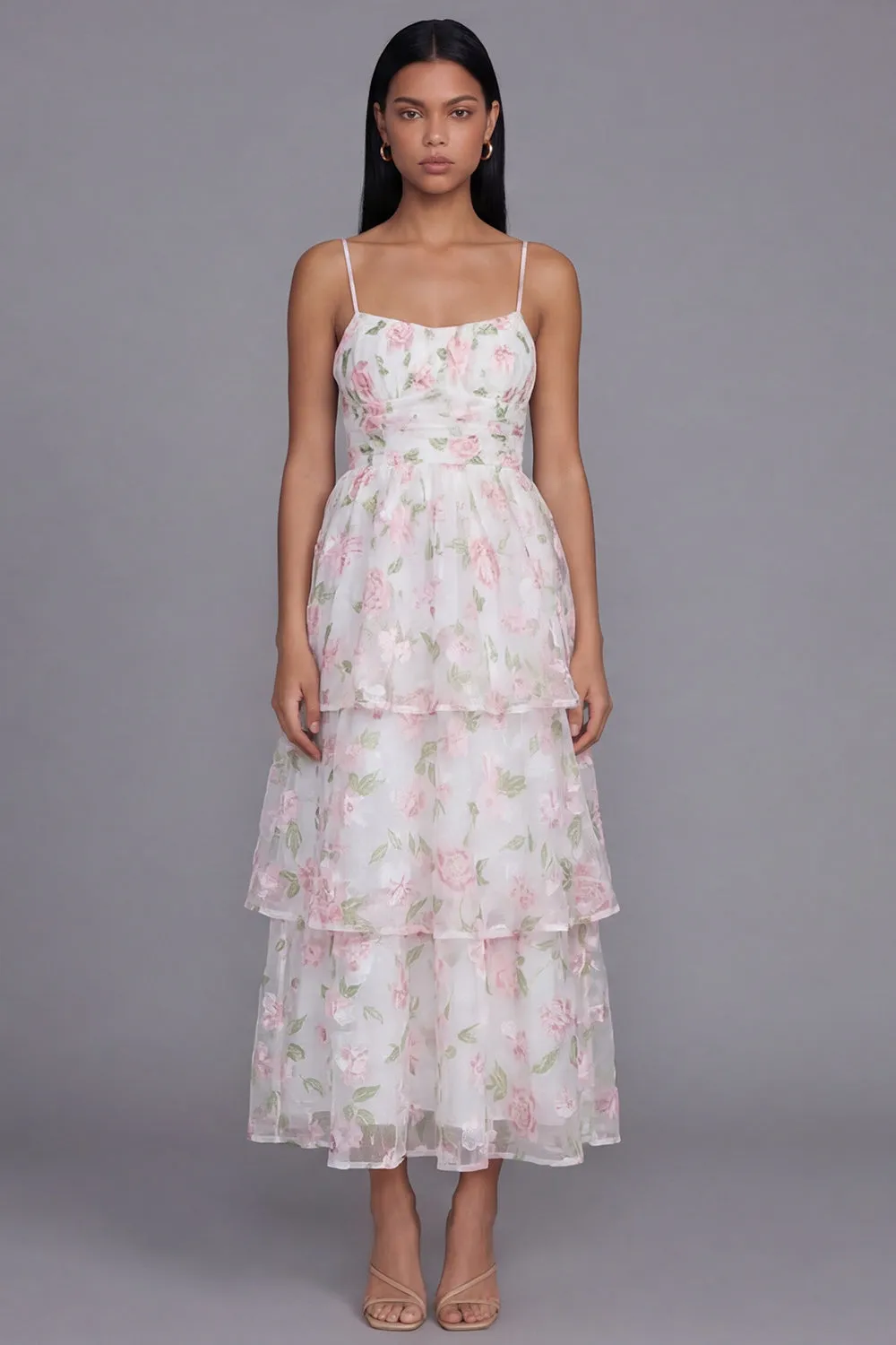 White Pink Flower Tiered A-Line Spaghetti Straps Long Floral Dress sold by Zapaka