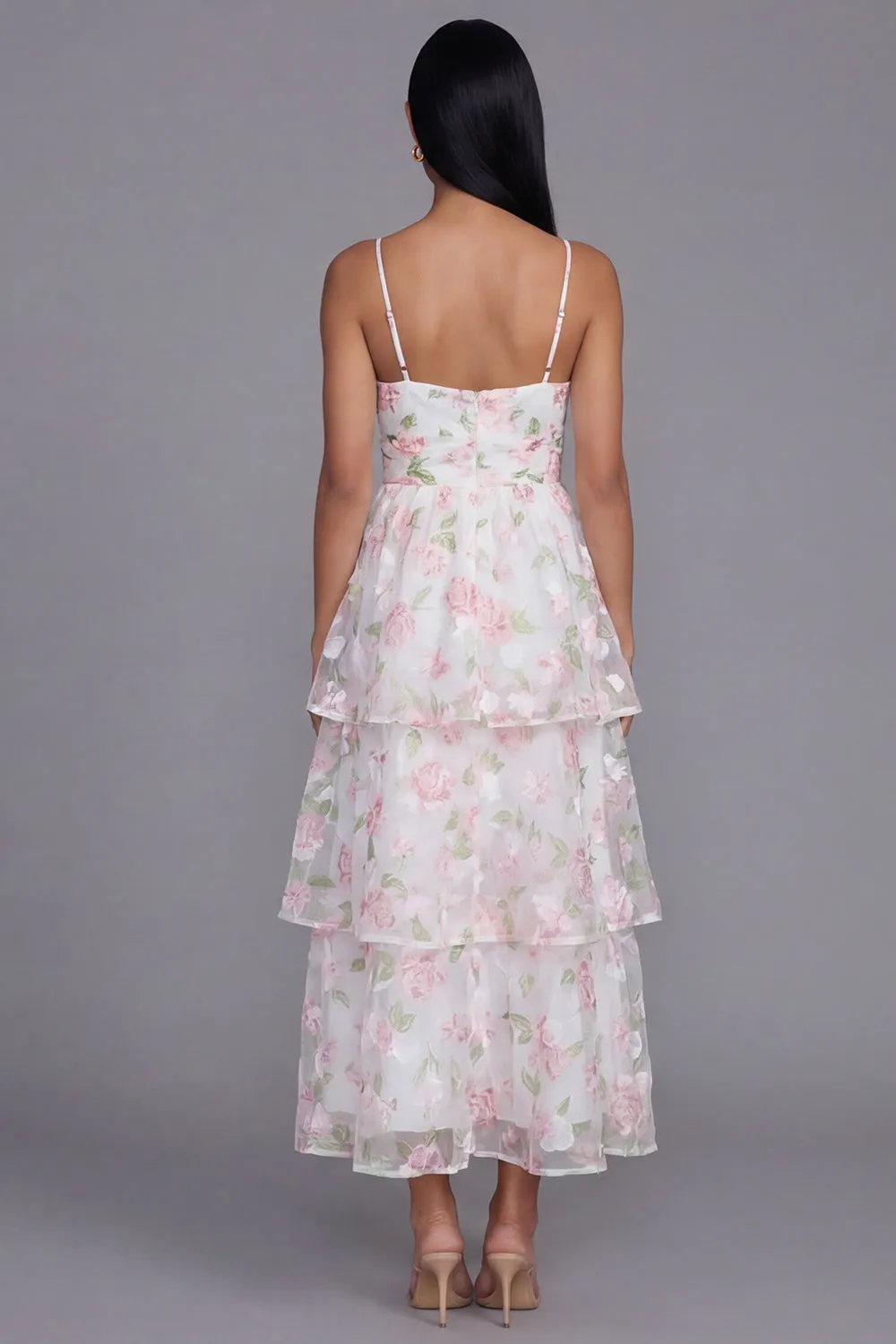 White Pink Flower Tiered A-Line Spaghetti Straps Long Floral Dress sold by Zapaka product image thumbnail 3