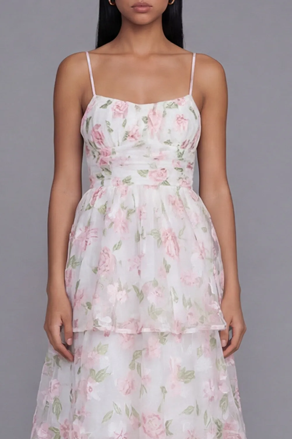 White Pink Flower Tiered A-Line Spaghetti Straps Long Floral Dress sold by Zapaka product image thumbnail 4