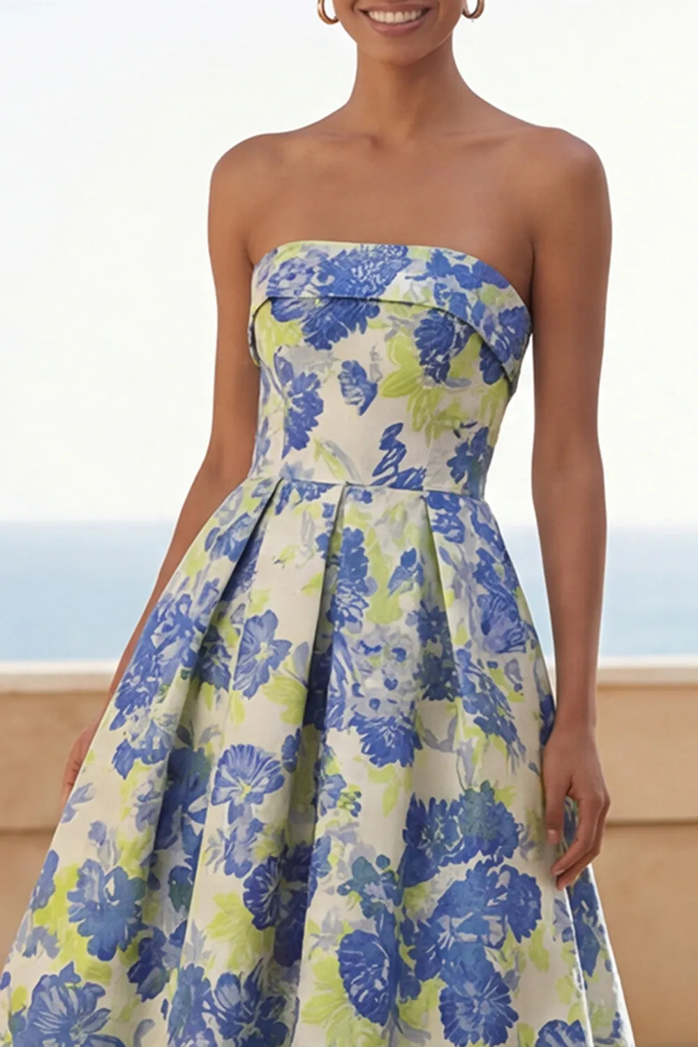 Blue Daffodil Flower A-Line Strapless Floral Printed Ruched Long Wedding Guest Dress sold by Zapaka product image thumbnail 4