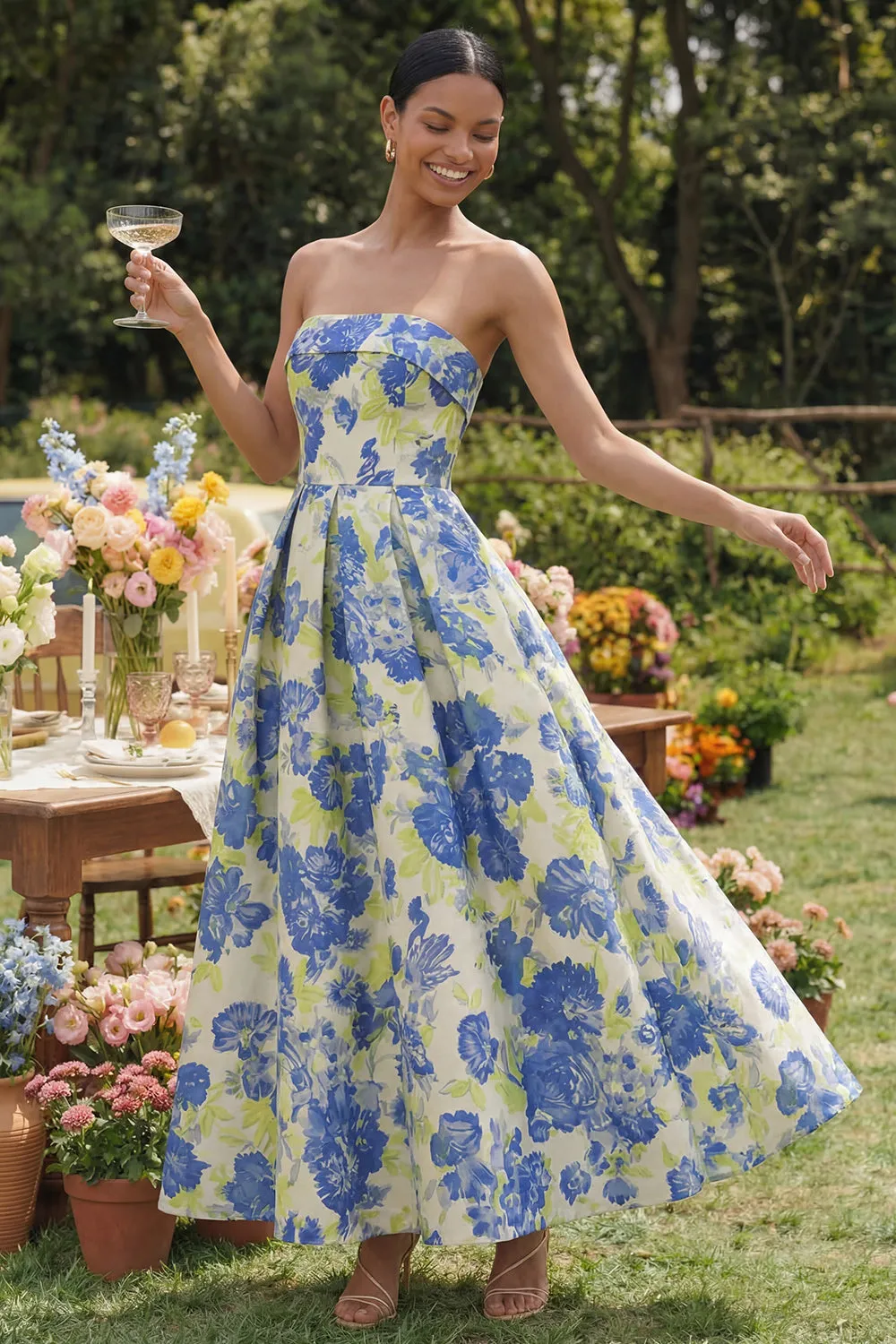 Blue Daffodil Flower A-Line Strapless Floral Printed Ruched Long Wedding Guest Dress sold by Zapaka product image thumbnail 3