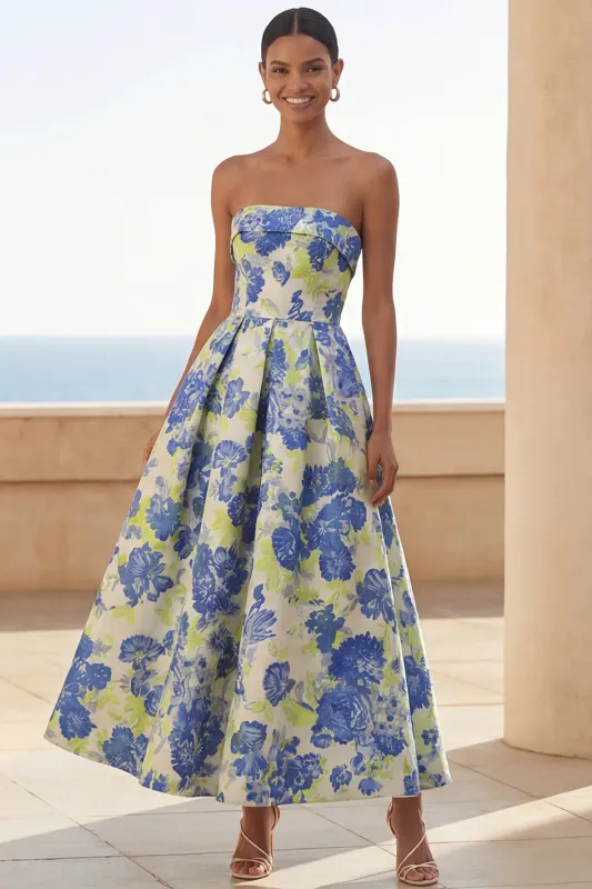 Blue Daffodil Flower A-Line Strapless Floral Printed Ruched Long Wedding Guest Dress made by Zapaka