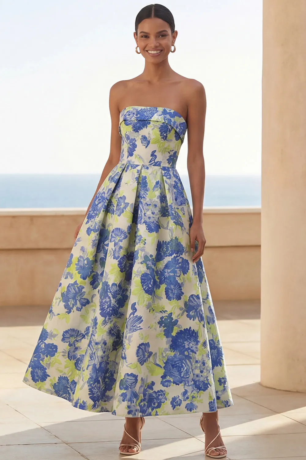Blue Daffodil Flower A-Line Strapless Floral Printed Ruched Long Wedding Guest Dress sold by Zapaka