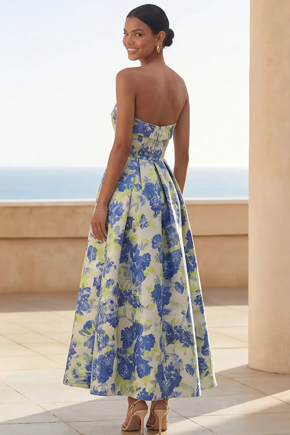 Blue Daffodil Flower A-Line Strapless Floral Printed Ruched Long Wedding Guest Dress sold by Zapaka product image thumbnail 2