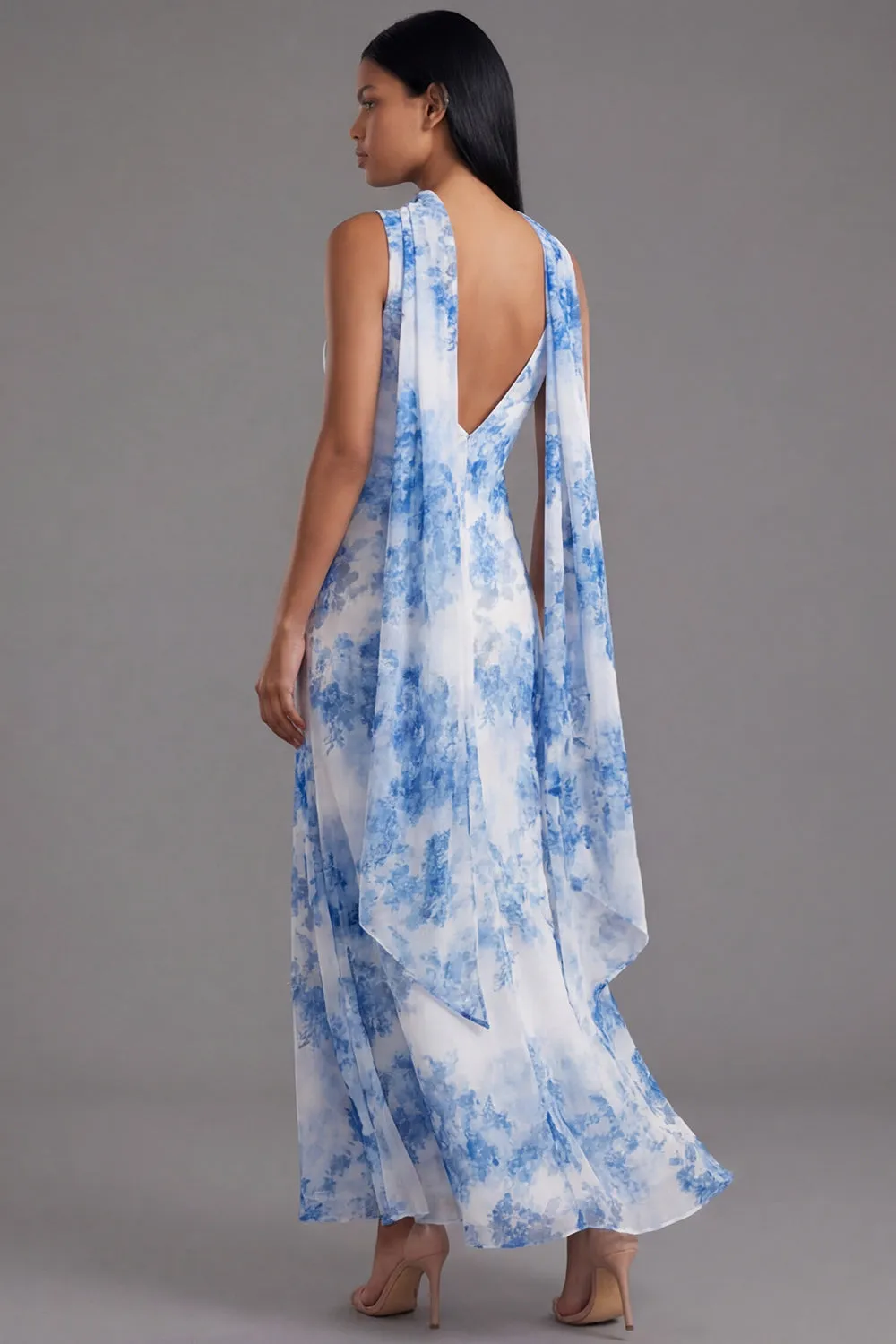 White Blue Flower V-Neck Sheath Long Chiffon Dress with Neck Scarf sold by Zapaka product image thumbnail 3