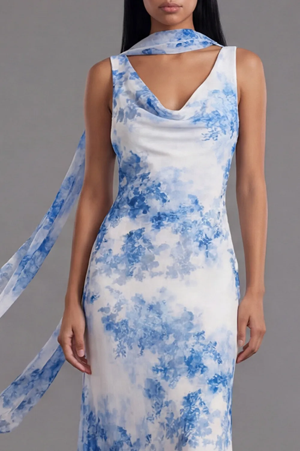 White Blue Flower V-Neck Sheath Long Chiffon Dress with Neck Scarf sold by Zapaka product image thumbnail 4