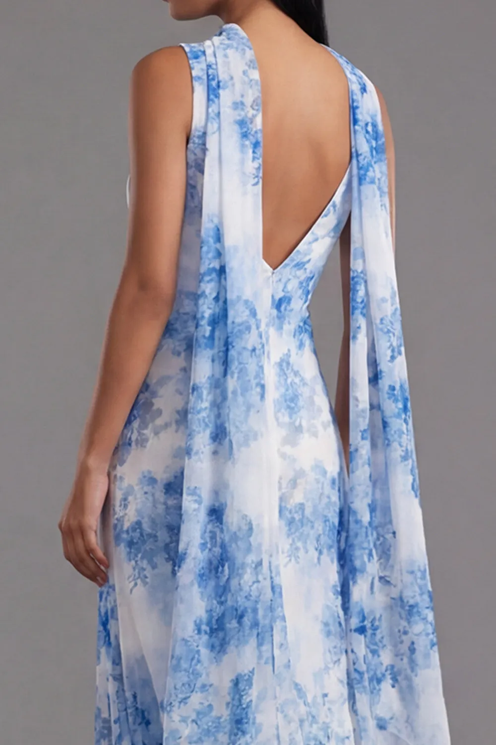 White Blue Flower V-Neck Sheath Long Chiffon Dress with Neck Scarf sold by Zapaka product image thumbnail 5